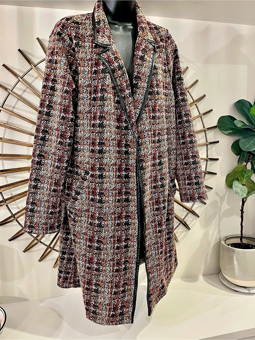 Melloday Plaid Textured Coat in Brown/ Burgundy / gold Size Large